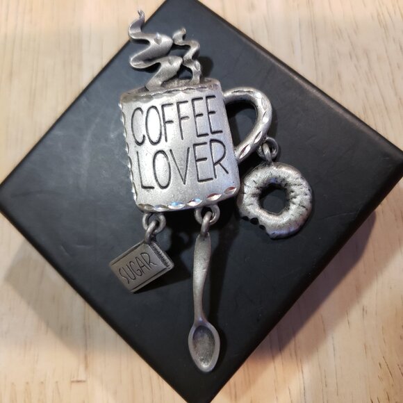 Vintage "Coffee Lover" Pinback, Silver, with 3 Charms: sugar, spoon, and donut - Picture 1 of 5